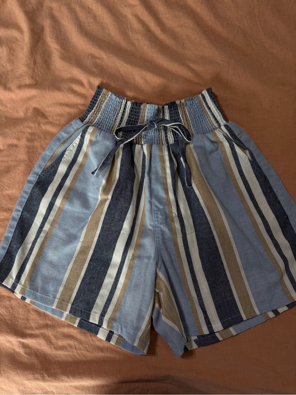 One 5 One Striped Paperbag Waist Shorts Medium Blue Tan Smocked Summer Shorts